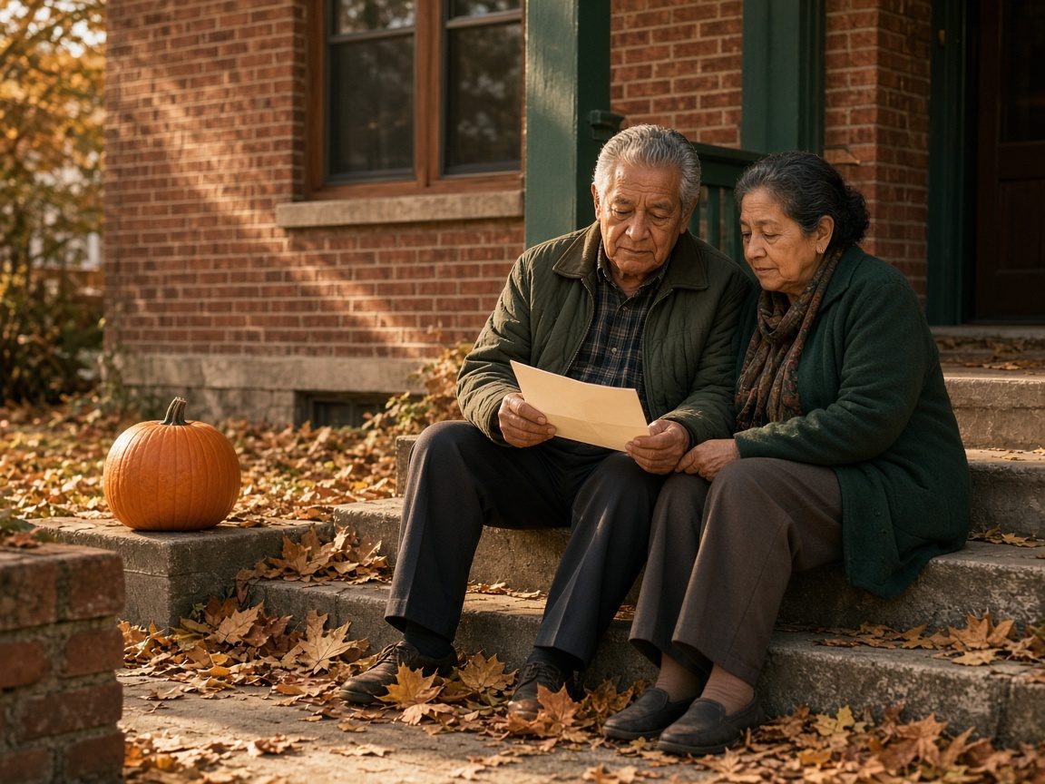 An older couple reads a letter together on their front steps beside a pumpkin