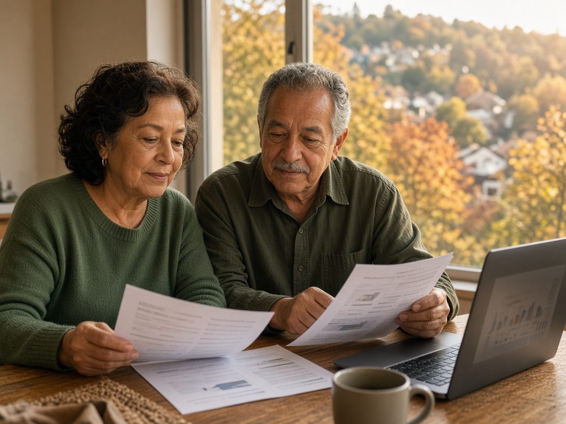 An older couple compares plan papers and a laptop at a table by a hillside window