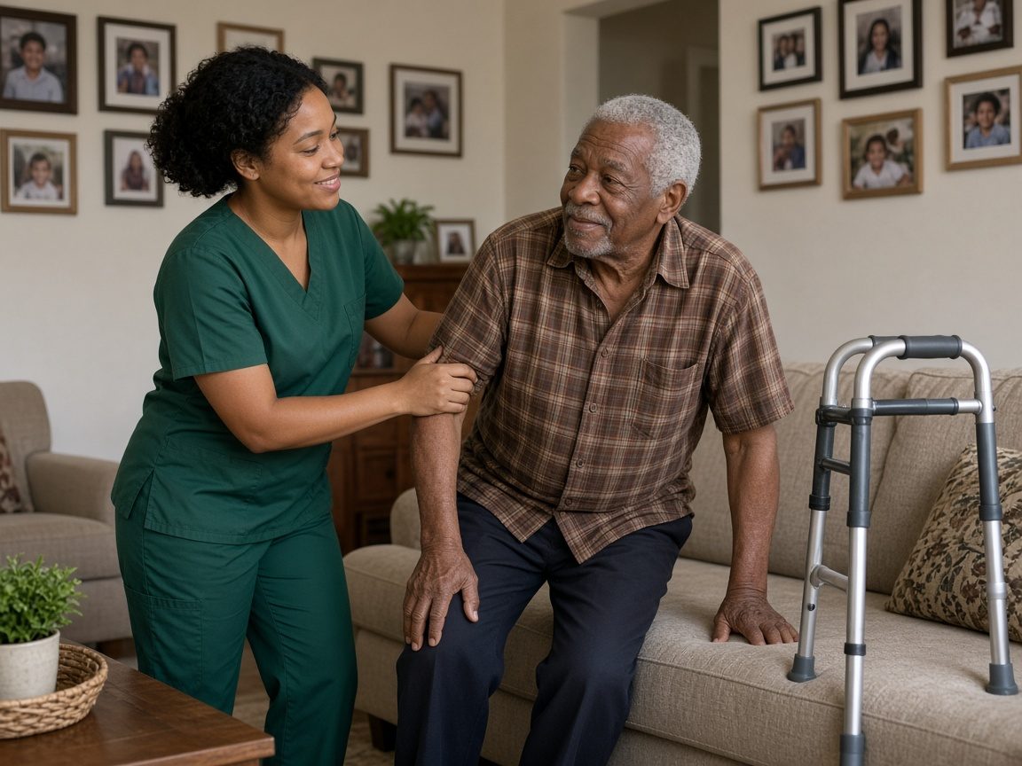 A home health aide helps an older man stand from his chair, with a walker nearby