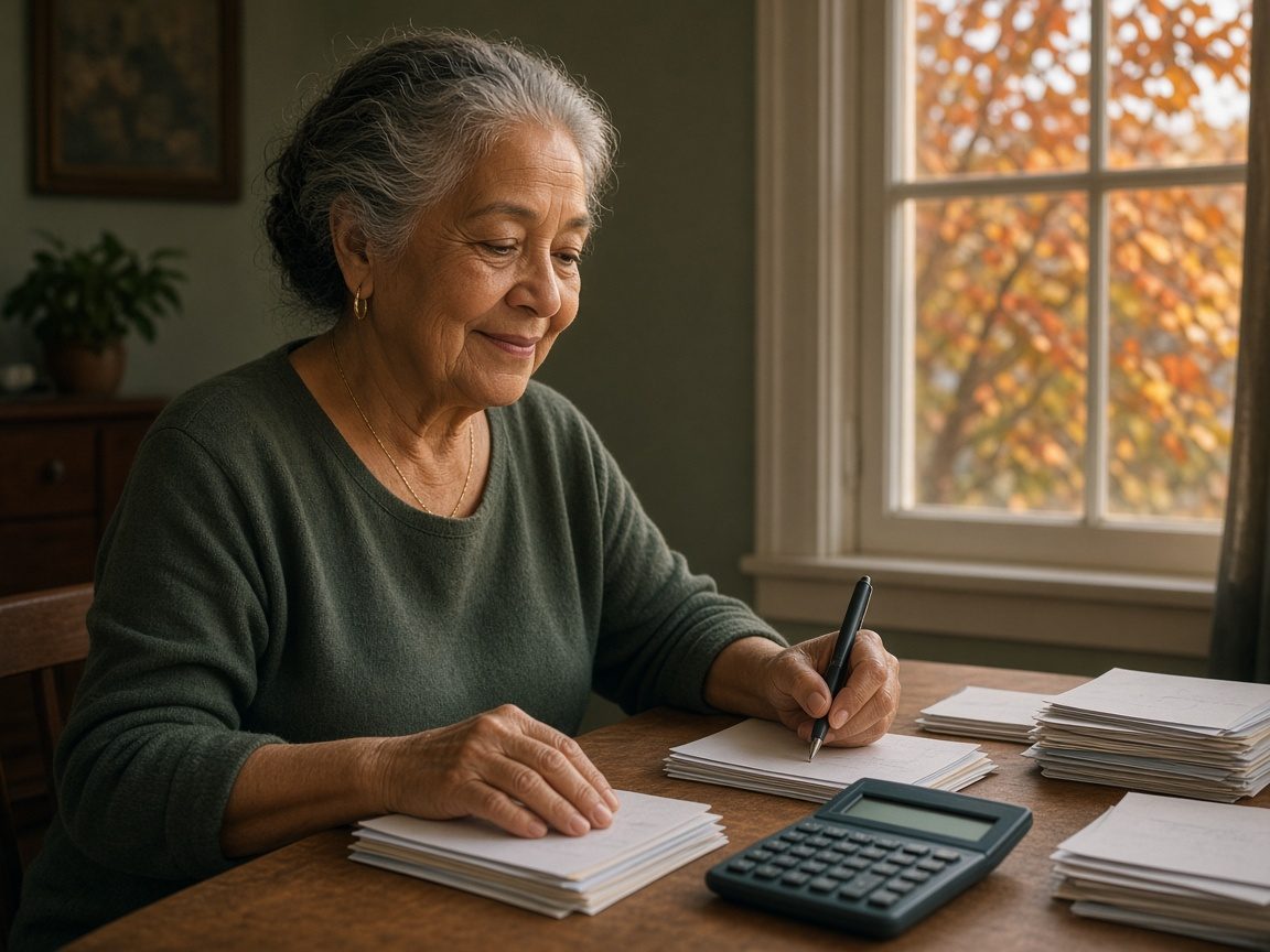 An older woman sorts bills with a calculator at a dining table