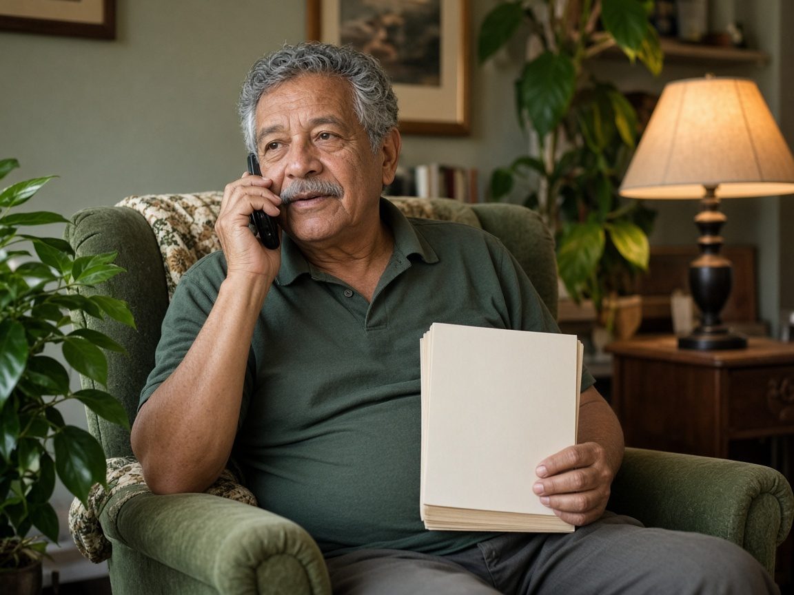 An older man in an armchair talks on the phone while holding a plan booklet