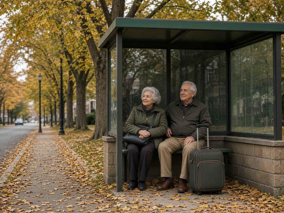 An older couple with a rolling suitcase waits at a bus shelter on a fall morning