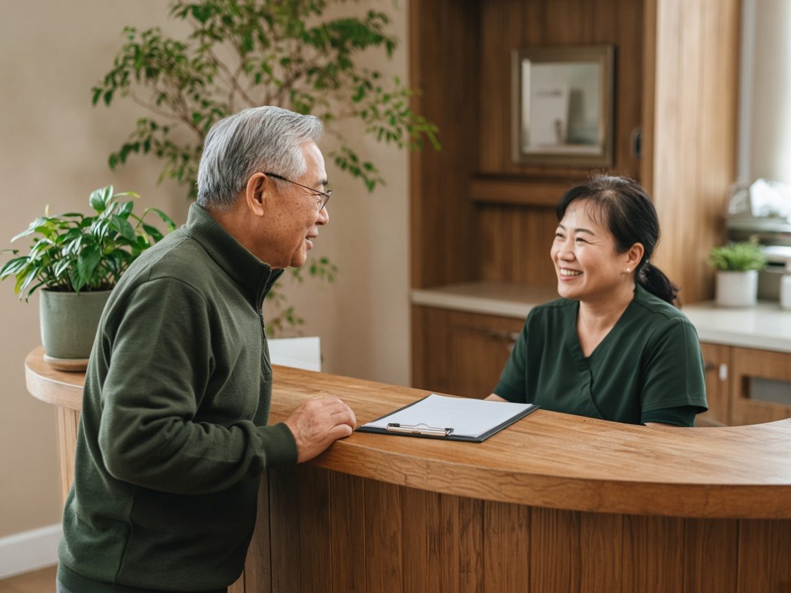 An older man hands his card to a receptionist at a doctor's office front desk