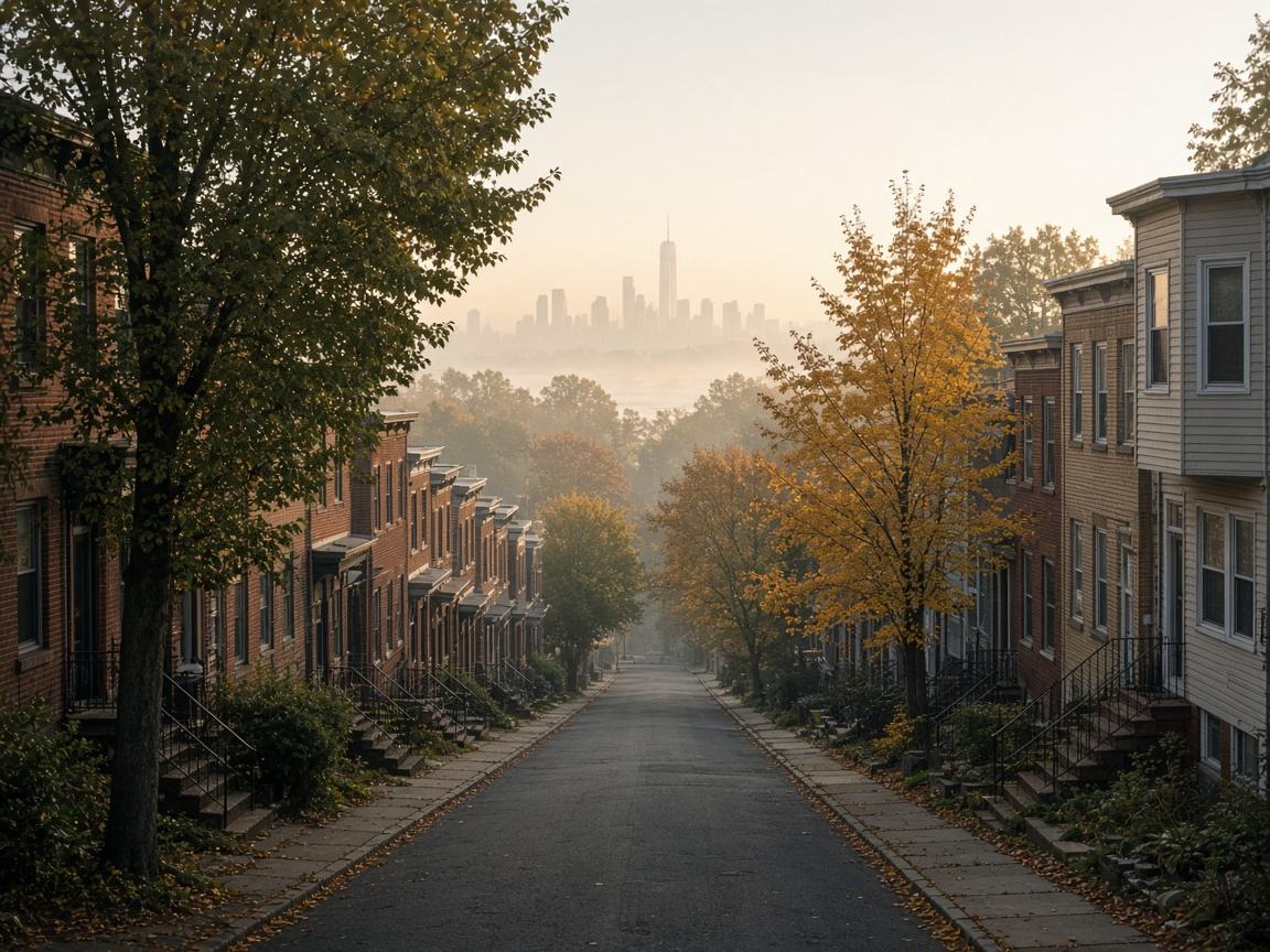 A sloping street of two-family homes with autumn trees and a hazy skyline beyond