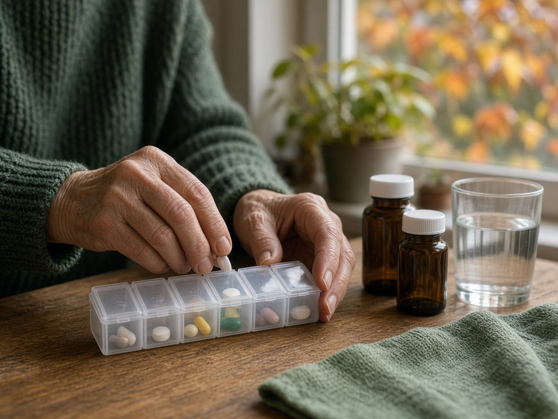 Hands fill a weekly pill organizer on a kitchen counter
