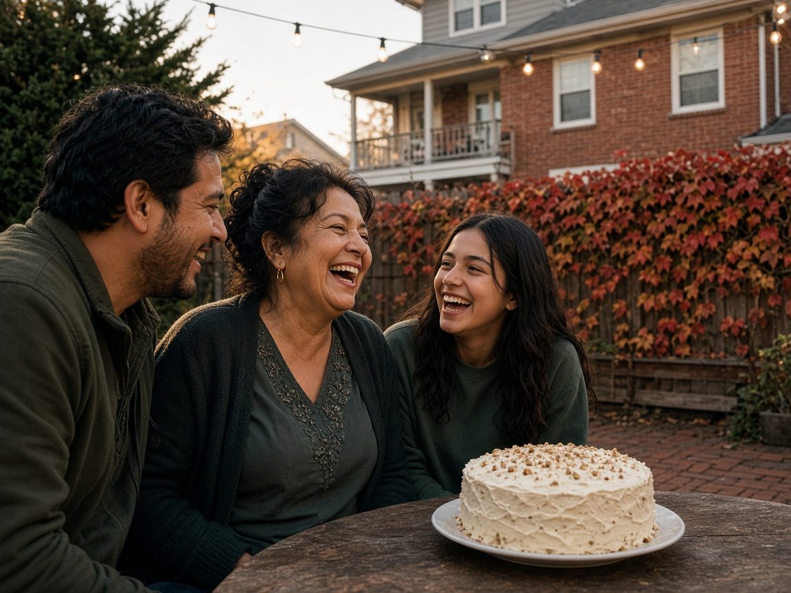 A family laughs together around a birthday cake at a backyard table