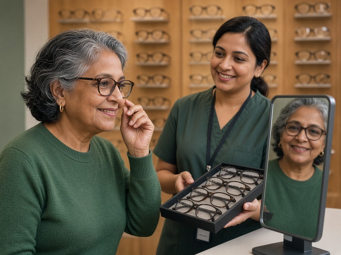An older woman tries on new eyeglasses while an optician holds up a mirror