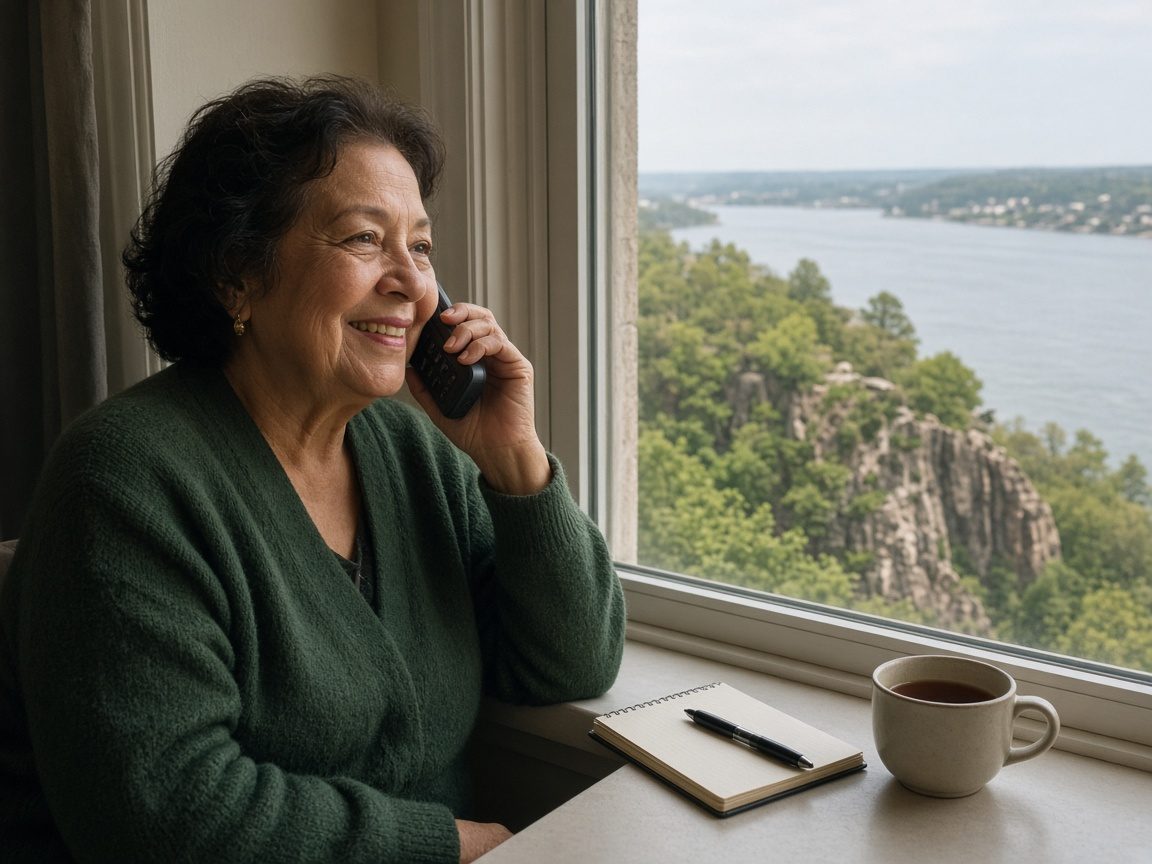 An older woman talks on the phone by a window overlooking the river and cliffs